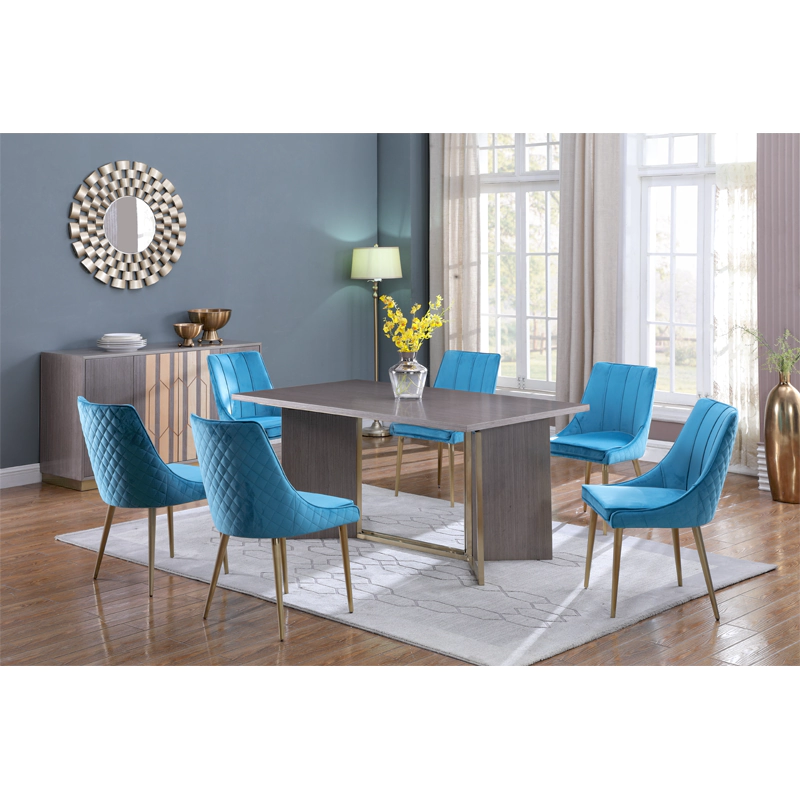 metal and wood dining table set with blue dining chair