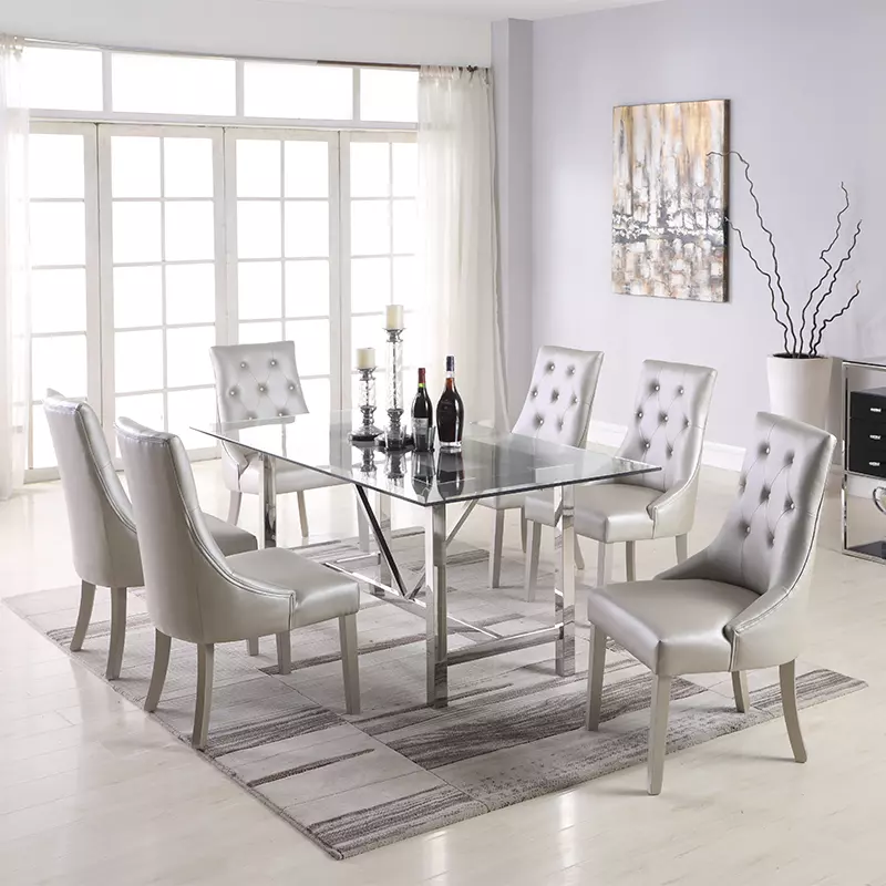 7 Piece Metal Glass Dining Table Set