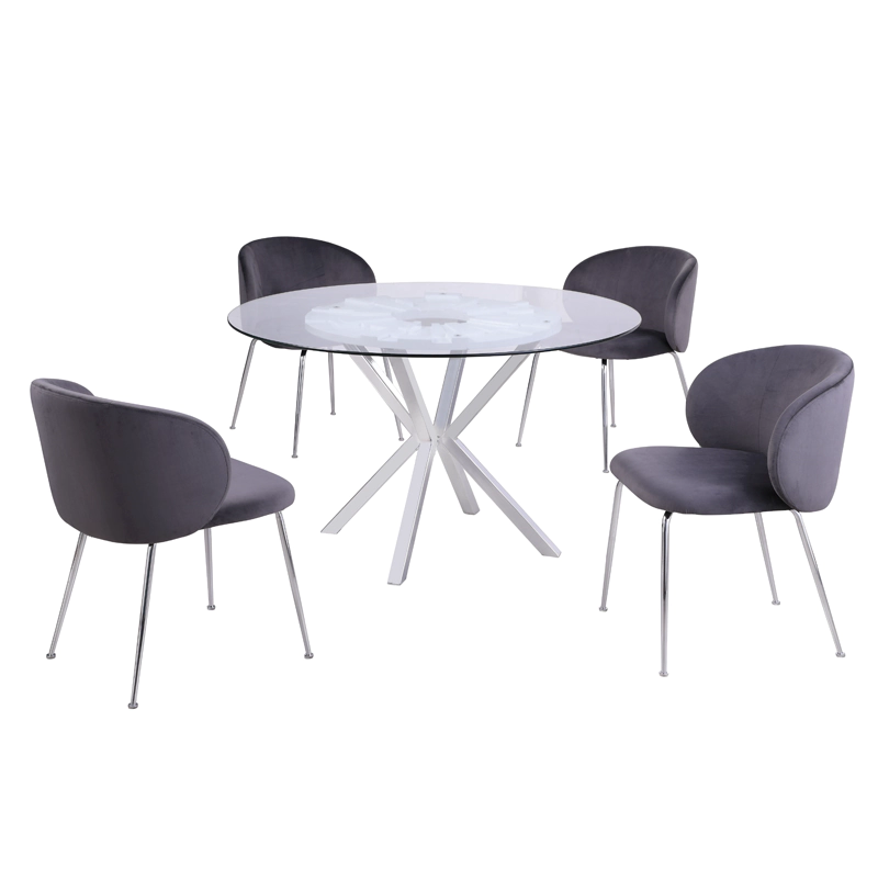 Metal Chrome Dining Table Set with dark grey chairs