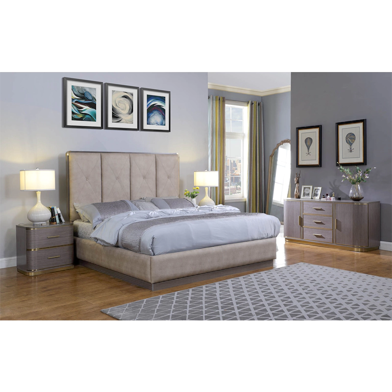 beige upholstered bed