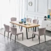natural wood and metal dining table with biege chair