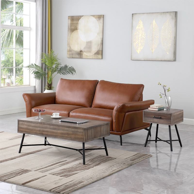 rustic rectangle coffee table with storage with brown sofa and end table