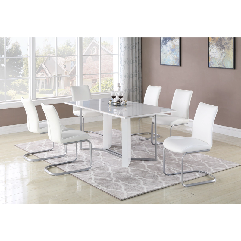 silver dining table set with white dining chair