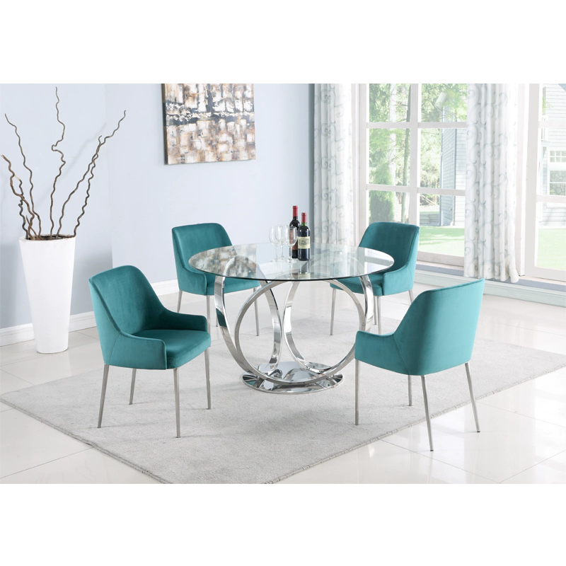 stainless steel dining table set with green chair