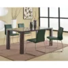 wooden plank dining table with green chair