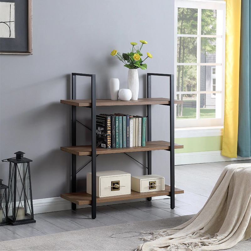 3 shelf metal and wood bookcase for bedroom